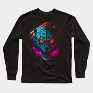 Tiger Head Retrowave Synthwave - 1980's Animal Print Long Sleeve T-Shirt